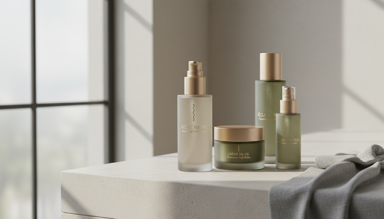 A collection of elegant matte glass skincare bottles and jars in soft beige and muted green tones, featuring sleek minimalist labels with subtle gold detailing. The arrangement is precisely spaced on a smooth, pale stone vanity, accented by a single folded linen towel in cool grey. Soft, indirect natural light pours in from a nearby frosted window, casting delicate, elongated shadows and highlighting the clean lines and textures of the containers. The mood is refined and tranquil, embodying sophistication and premium quality. Photographed from a slightly elevated, centered angle with a shallow depth of field, allowing the leading product to draw focus while the background fades gently away. The image captures photographic realism and a minimalist, elegant composition that aligns with a premium natural skincare brand.